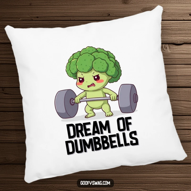 Funny pillow depicting a determined broccoli floret lifting a heavy weight, providing comfort with a humorous and motivational design.