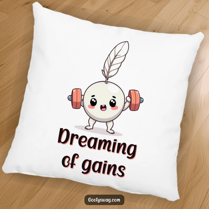 Funny determined dumbbell feather lift pillow, a soft cushion featuring a comical gym struggle, perfect for relaxation.
