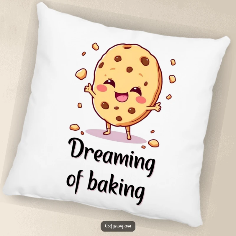 Funny giggling cookie character juggling crumbs with a mischievous grin, depicted on a soft and humorous decorative pillow.