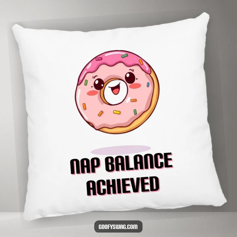 Funny pillow featuring a wobbly jelly doughnut trying to balance on a single bite, perfect for comfort and humor.