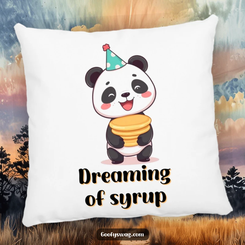 Funny beaming panda balancing a stack of pancakes, a soft and humorous pillow for ultimate comfort.