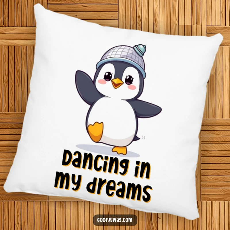 Funny Pillow with a proud penguin in a disco ball hat, dancing energetically, adding comfort and cheer.
