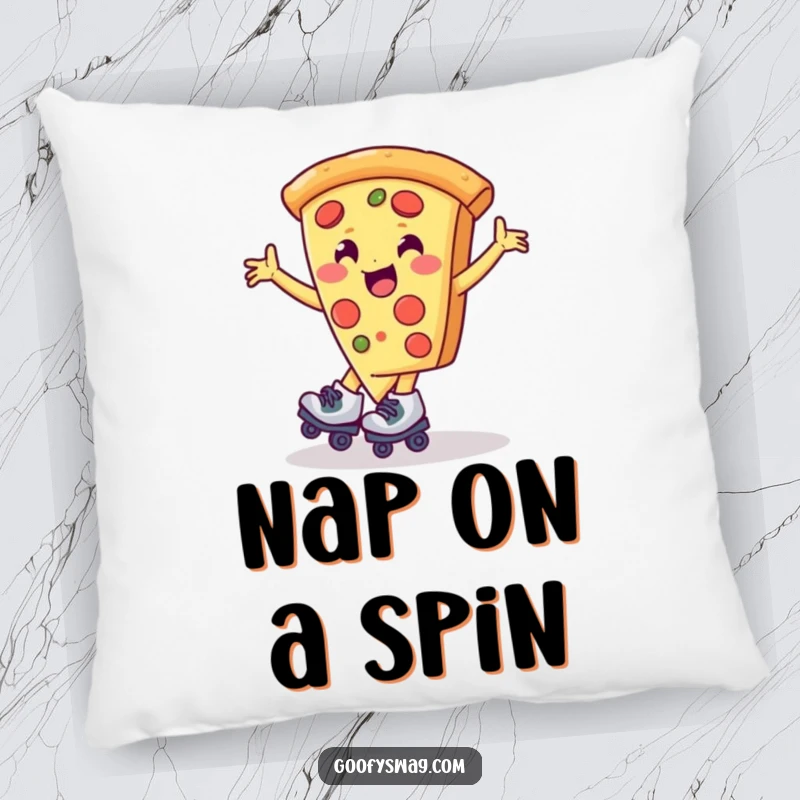 Funny pizza slice character on roller skates, spinning playfully, designed on a plush pillow for ultimate comfort and fun.