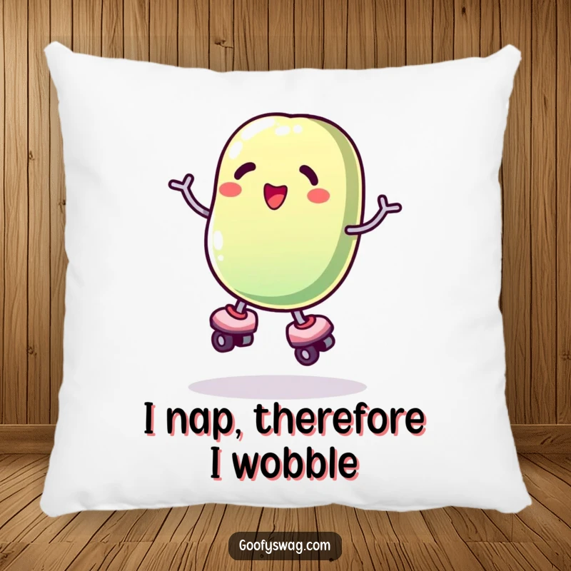 Funny roller skating jelly bean pillow, a soft cushion featuring a clumsy character, adding humor to any room.