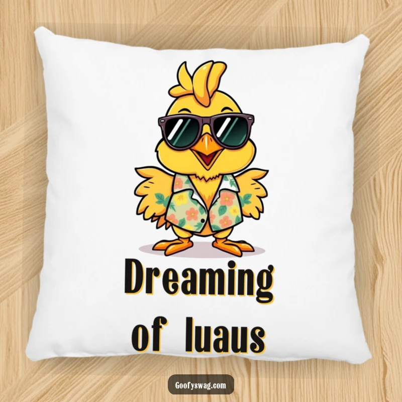 Funny rubber chicken Hawaiian shirt pillow, a soft cushion featuring a cheerful character ready for a luau.
