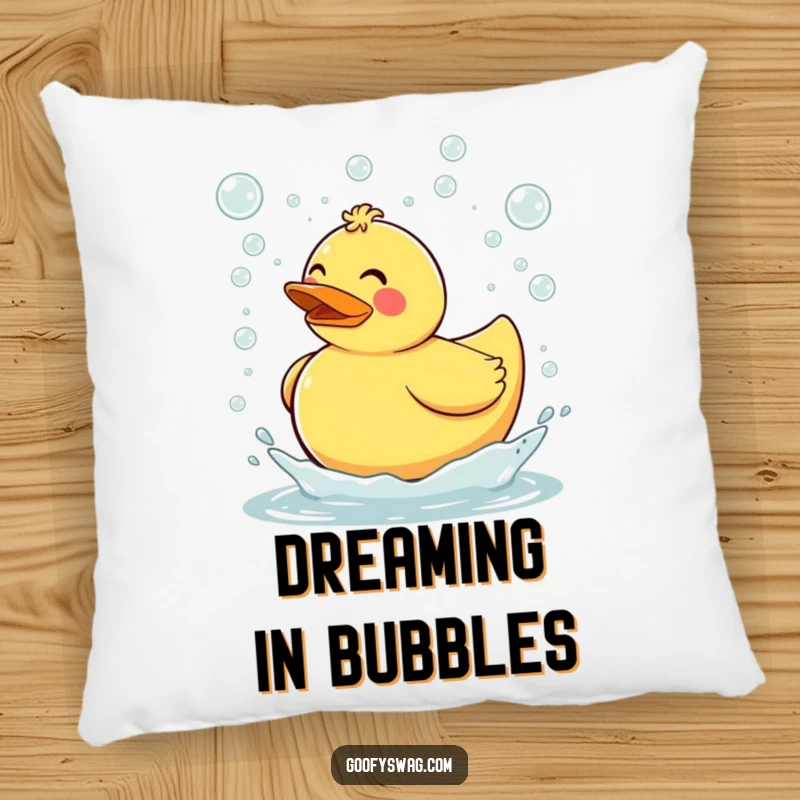 Funny clumsy rubber duck tripping and sending bubbles flying everywhere, a soft and decorative pillow that’s cute, cuddly, and wonderfully humorous.