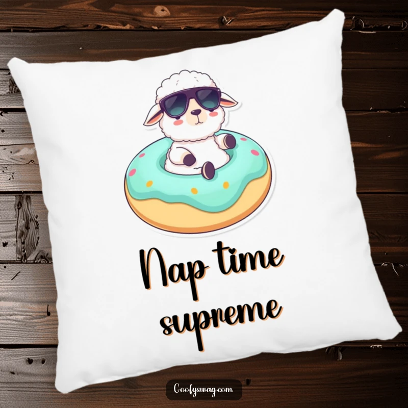 Funny pillow with a fluffy sheep in sunglasses lounging on a giant donut float, offering soft comfort and a humorous, relaxed decorative accent.