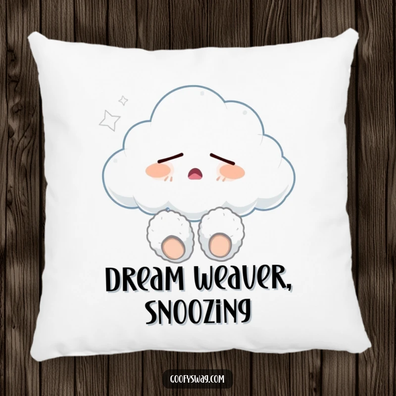 Funny sleepy cloud wearing fuzzy slippers and yawning, a soft and cuddly pillow design that brings comfort and gentle humor to your home.