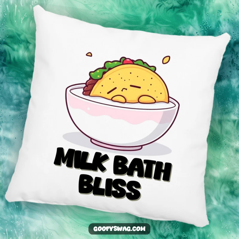 Funny Sleepy Taco Pillow: A soft pillow featuring a sleepy taco floating serenely in milk, perfect for ultimate relaxation.