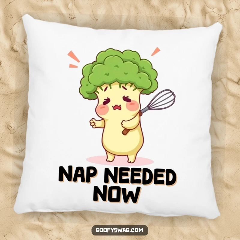 Funny pillow featuring a confused broccoli floret comically hugging a kitchen whisk, providing both comfort and a humorous visual accent.