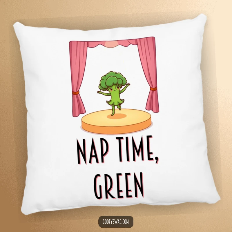 Funny dancing broccoli doing a dramatic pirouette on a tiny stage, a soft and decorative pillow that’s fun, vibrant, and wonderfully humorous.
