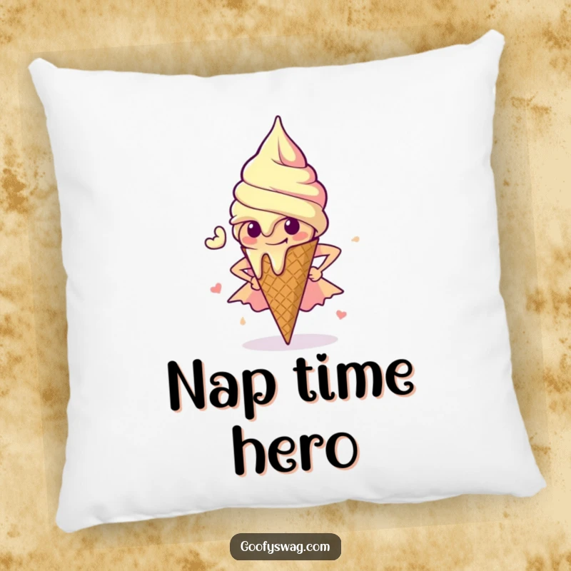 Funny Ice Cream Pillow: A plush pillow featuring a melting ice cream cone striking a superhero pose, bringing cozy fun and heroism.