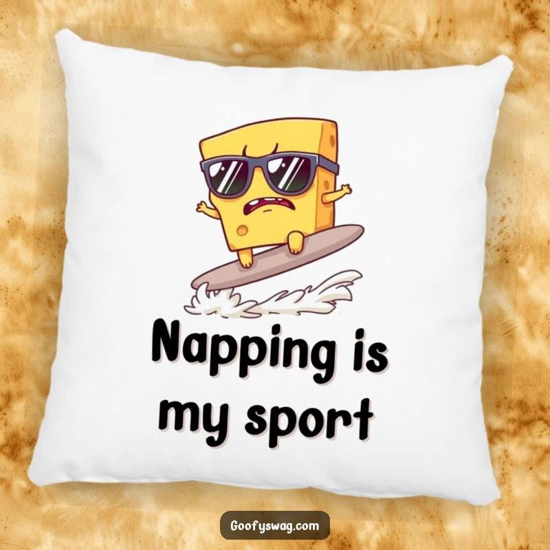 Funny pillow featuring a grumpy cheese slice in sunglasses surfing a cracker, perfect for comfort and humor.
