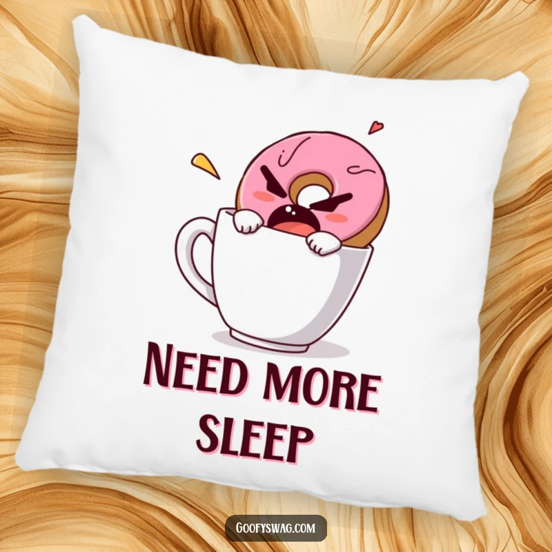 Funny pillow featuring a grumpy donut in a comical dash out of a coffee mug, a humorous accent for sofas and beds.