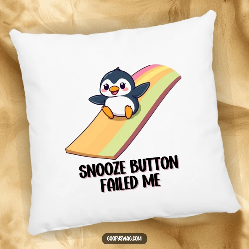 Funny clumsy penguin sliding down a colorful rainbow ramp, a soft and humorous pillow for ultimate comfort.