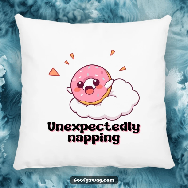 Funny Donut Falling Pillow featuring a surprised donut character falling from a cloud with a happy yelp, offering soft and humorous sweet comfort.