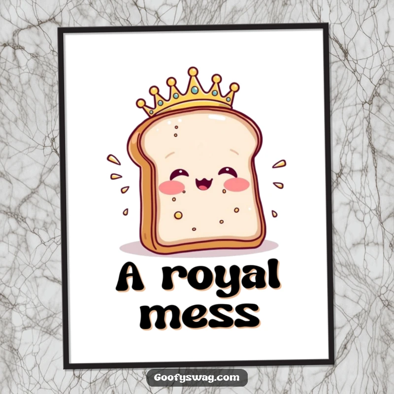 Funny digital art print of a crowned toast slice dramatically sneezing crumbs, ready for download.
