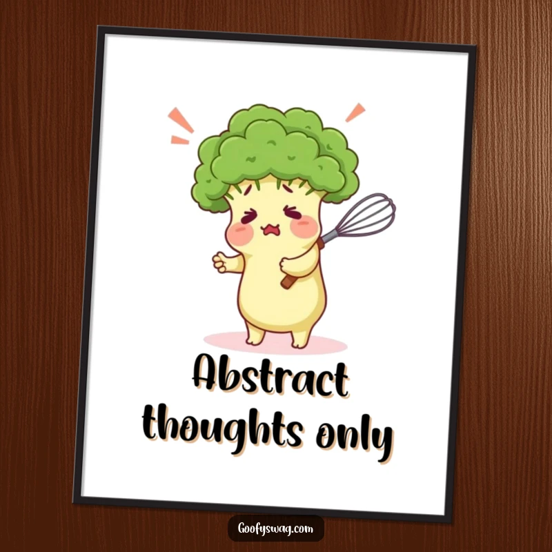 Funny digital art print of a confused broccoli floret comically hugging a kitchen whisk, a humorous and vibrant piece for any wall.