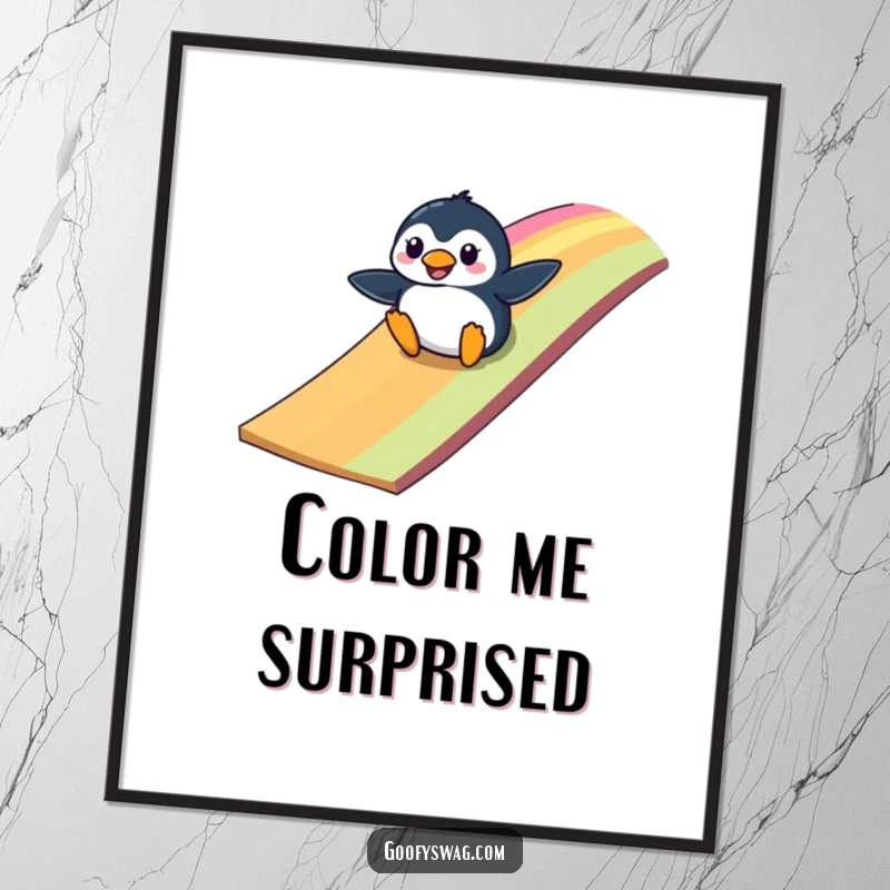 Funny clumsy penguin sliding down a vibrant rainbow-colored ramp, a humorous and cheerful digital art print.