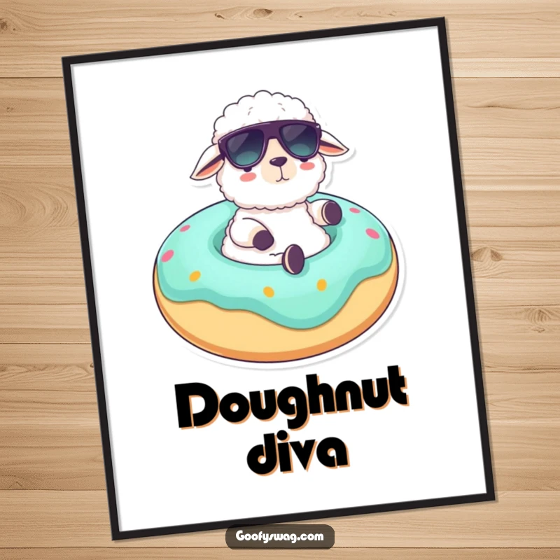 Funny digital art print of a fluffy sheep wearing sunglasses, lounging on a giant donut float, representing humorous relaxation and carefree vibes.