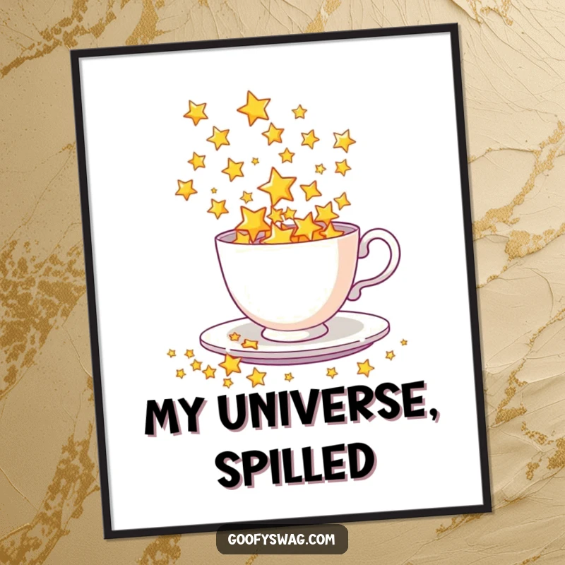 Funny Digital Art Print of a teacup erupting with a dazzling shower of stars, perfect for instant cosmic-themed wall decor.
