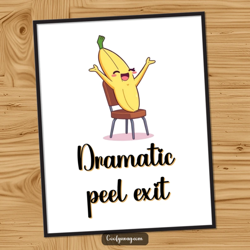 Funny Banana Peel Digital Art Print of a winking peel dramatically backflipping off a chair, offering a humorous and energetic vibe.