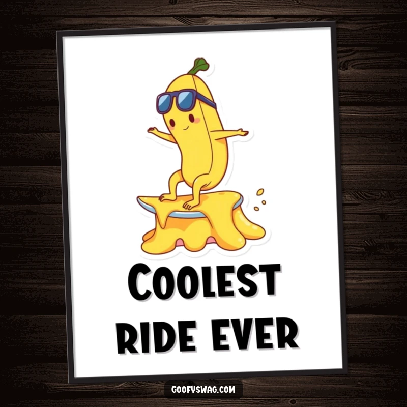 Funny happy banana character surfing a melting ice cream cone, available as a high-resolution digital art print.