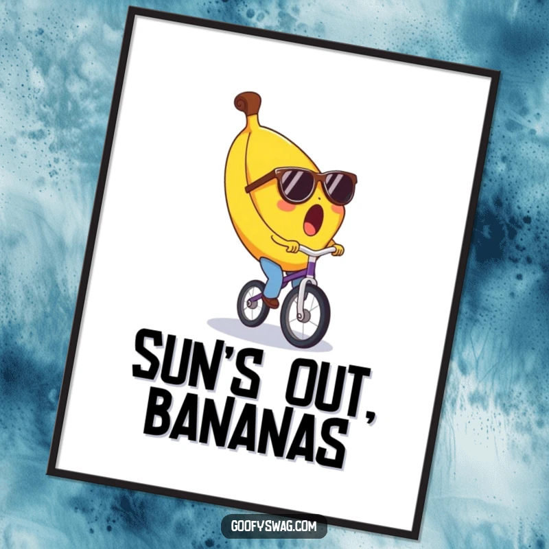 Funny banana digital art print, surprised expression, wearing tiny sunglasses, riding a unicycle. High-resolution humorous artwork for instant download.