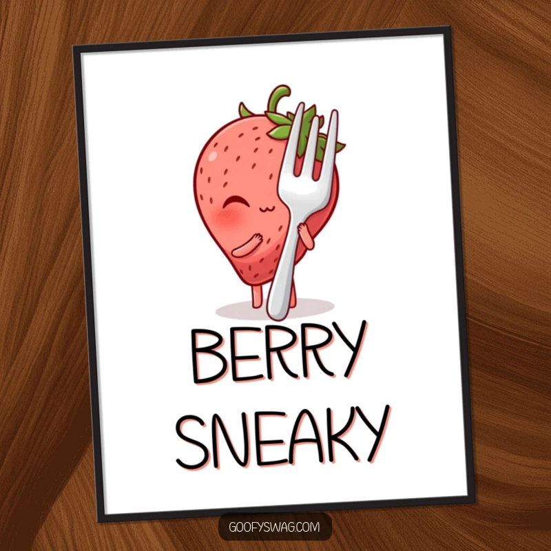 Funny digital art print of a blushing strawberry shyly hiding behind a giant fork, perfect for instant humorous wall decor.