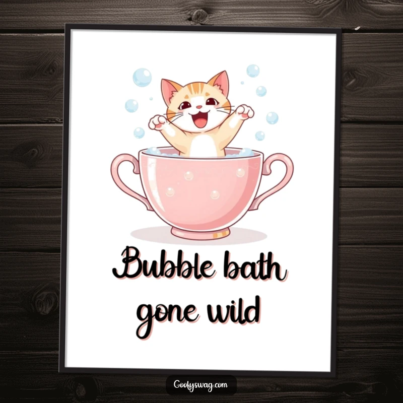Funny startled cat leaping from a giant teacup overflowing with bubbles, a humorous and vibrant digital art print.