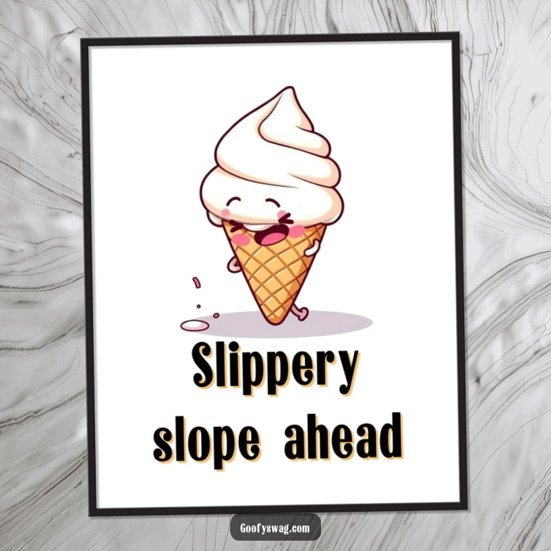 Funny clumsy ice cream cone character tripping over its own sprinkle, as a humorous digital art print.