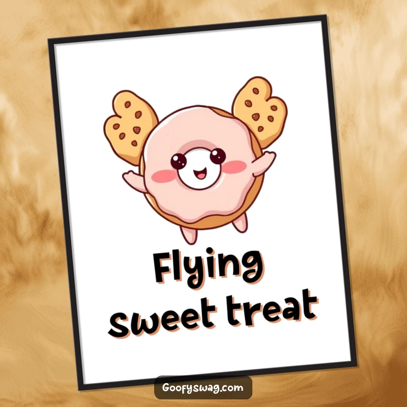 Funny Donut Digital Art Print of a blushing donut with cookie wings, attempting flight, offering a sweet and humorous vibe.