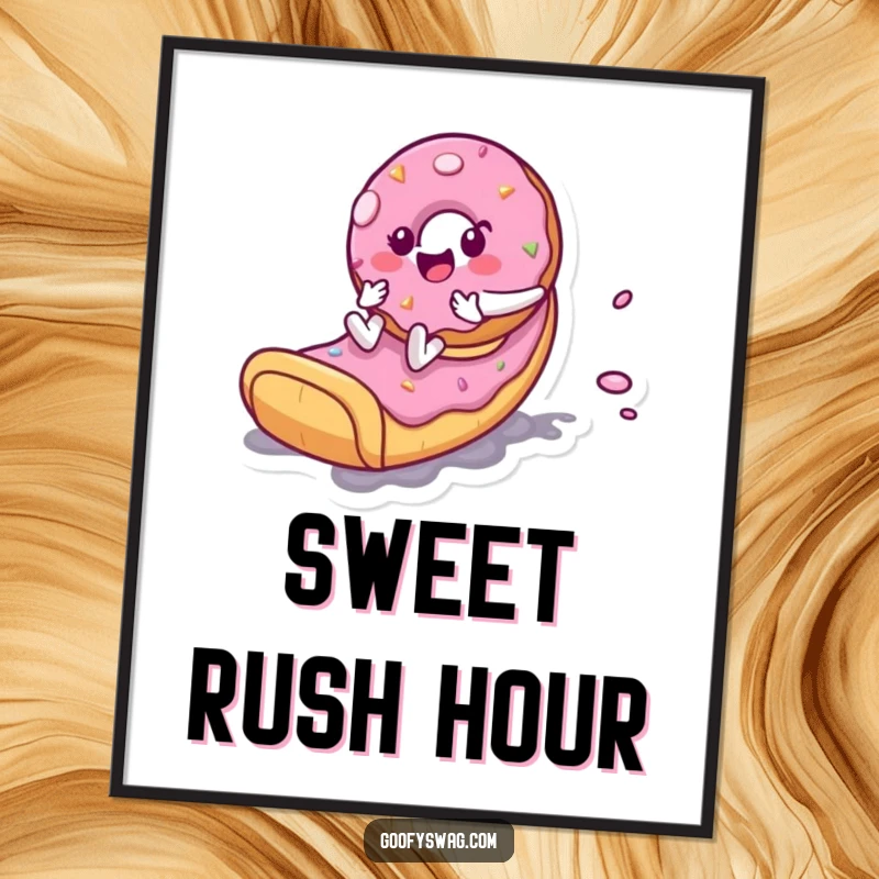 Funny Donut Slide Digital Art Print: A playful donut character happily zooming down a frosting slide, captured in vibrant art.