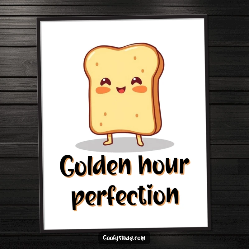 Funny digital art print of a proud grilled cheese sandwich posing dramatically under a spotlight, radiating cheesy appeal.