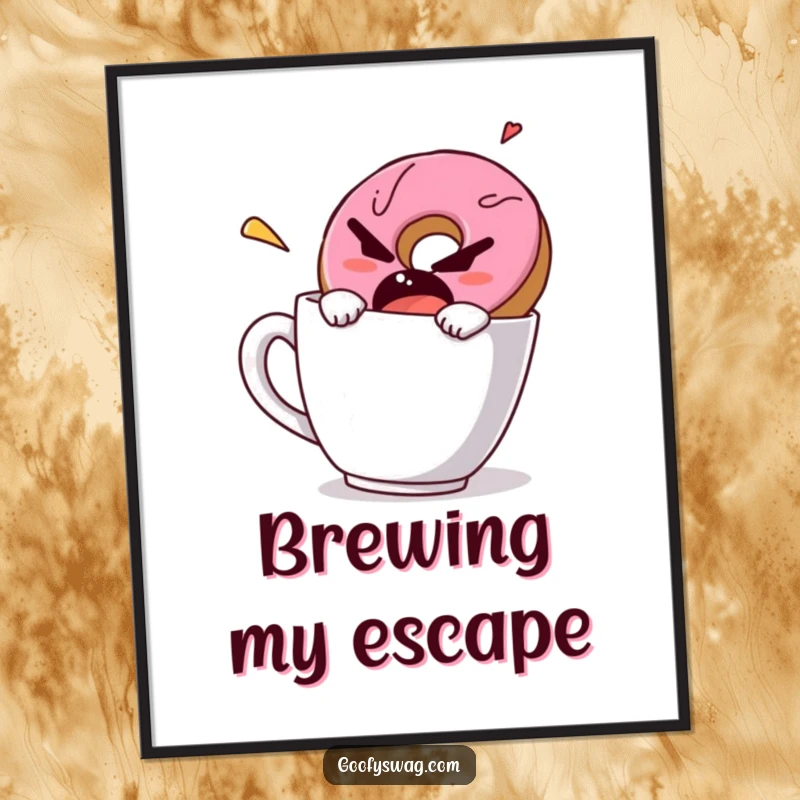 Funny digital art print of a grumpy donut in a speedy escape from a coffee mug, ready for instant download and decor.