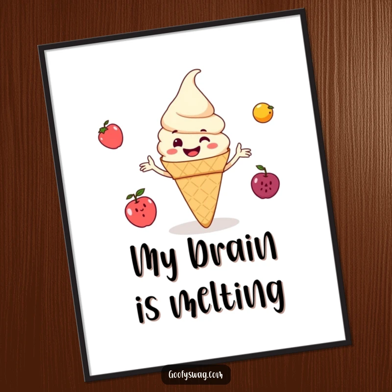 Funny ice cream cone grinning and juggling small fruits, a vibrant digital art print, perfect for instant download and adding confectionery humor.