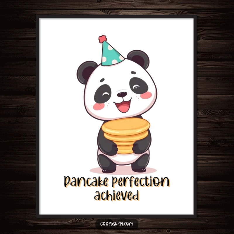 Funny beaming panda balancing a stack of pancakes in a party hat, a humorous and cheerful digital art print.