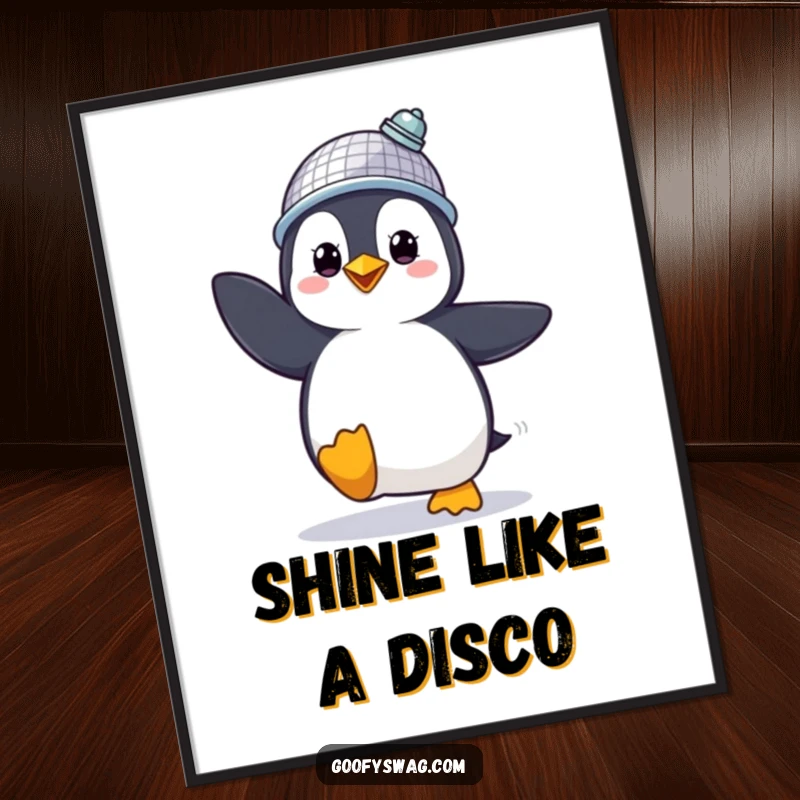Funny Digital Art Print of a proud penguin in a disco ball hat dancing, a humorous printable.