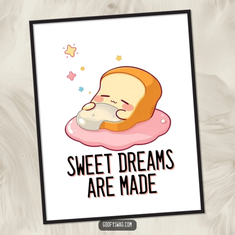 Funny digital art print of a sleepy bread loaf dreaming of floating in jelly, offering whimsical and humorous decor for easy wall art.