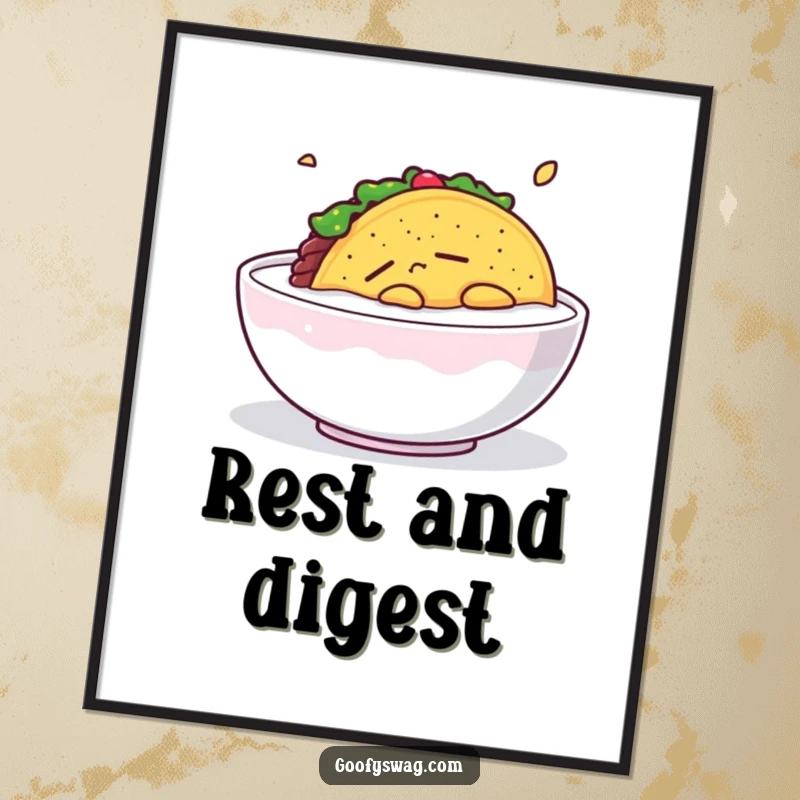 Funny Sleepy Taco Digital Art Print: A serene illustration of a sleepy taco peacefully floating in milk, radiating calm.