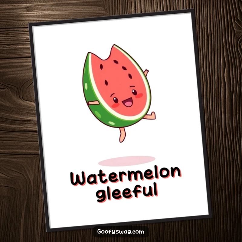 Funny watermelon slice digital art print, performing a backflip with exaggerated glee. High-resolution humorous artwork for instant download.