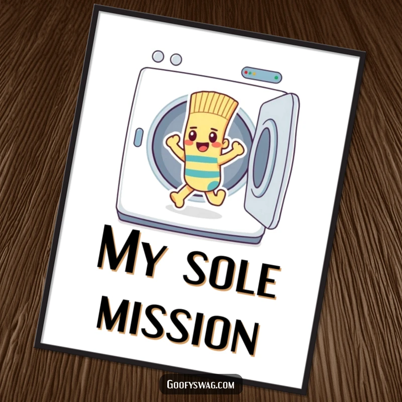 Funny determined sock character confidently walking out of a dryer, as a humorous digital art print.