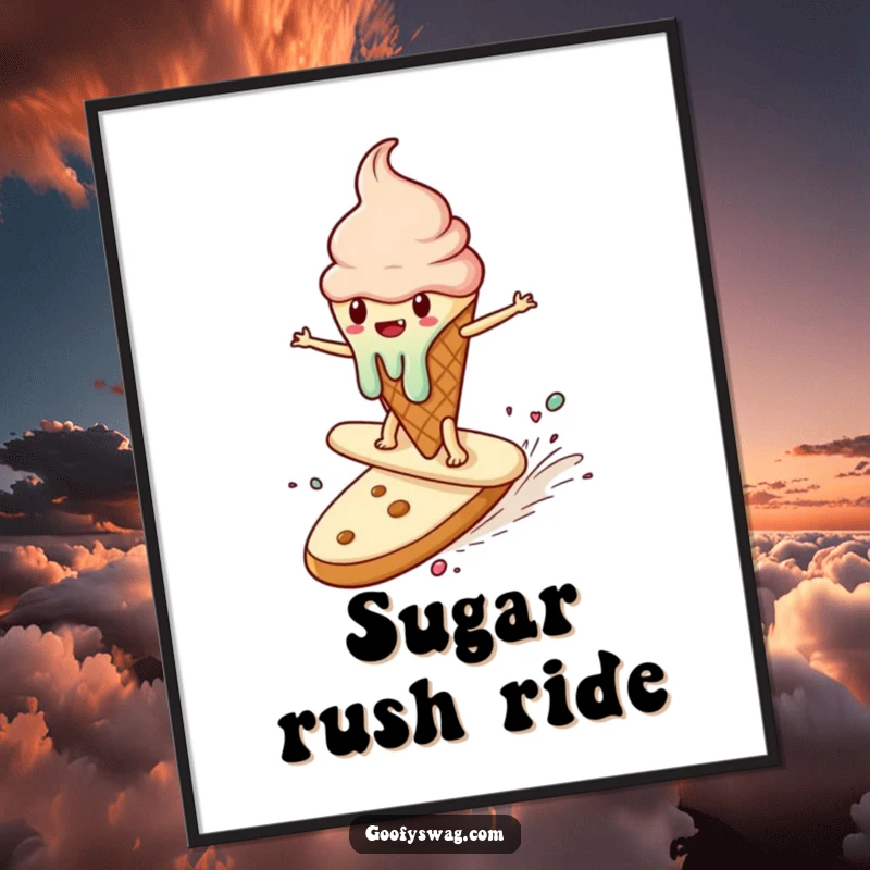 Funny digital art print of a melting ice cream cone surfing a runaway cookie, ready for instant download and display.