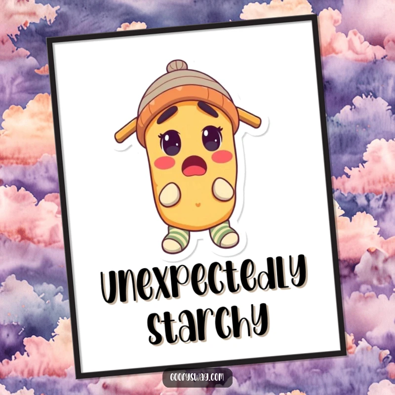 Funny Digital Art Print of a surprised potato wearing a propeller beanie and mismatched socks, perfect for playful wall decor.