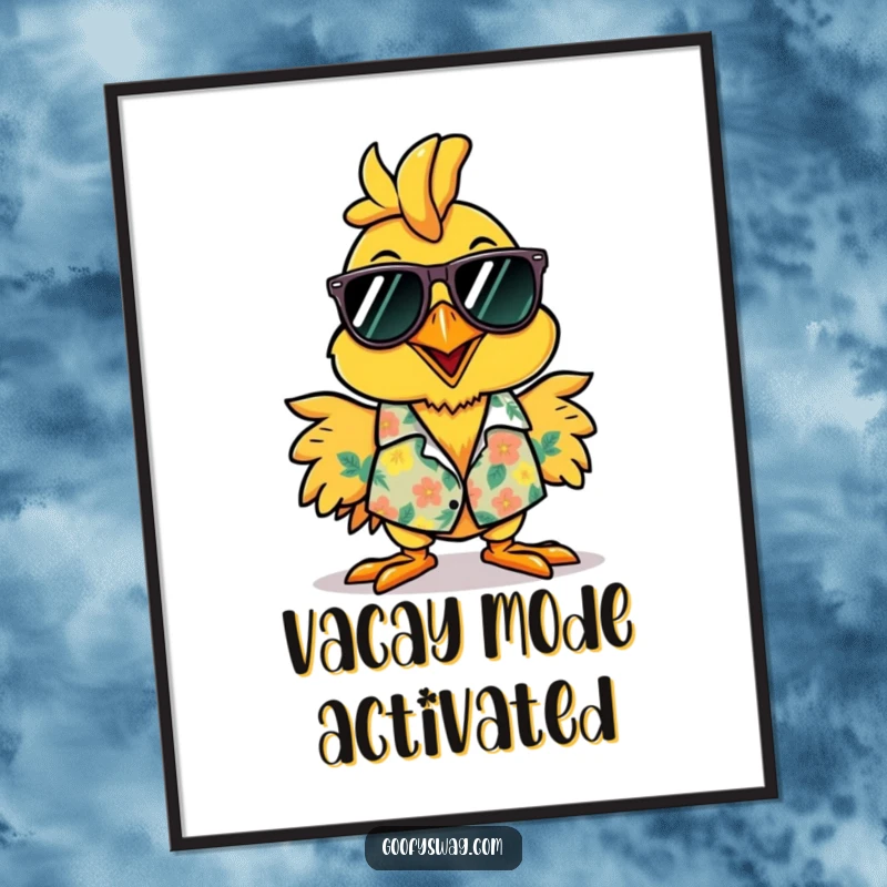 Funny rubber chicken Hawaiian shirt digital art print, a vibrant and humorous illustration for instant decor.