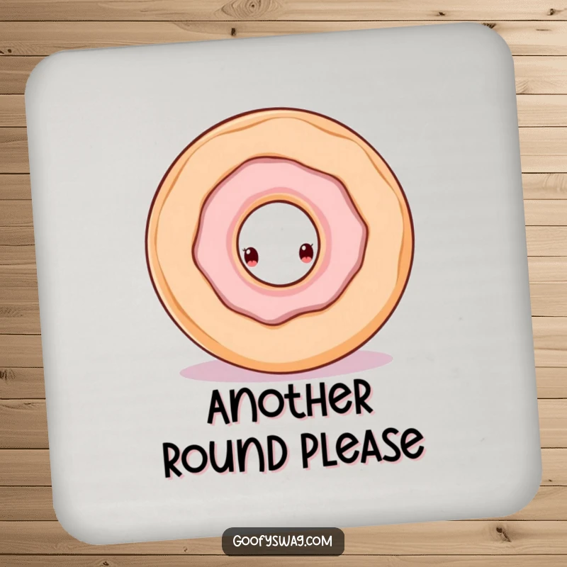 Funny doughnut character peeking from a larger doughnut’s hole on a drink coaster, adding a touch of curious humor.