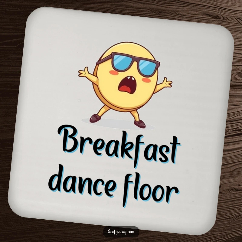 Funny Pancake Drink Coaster with a surprised pancake wearing sunglasses, breakdancing, adding a fun element to drinks.