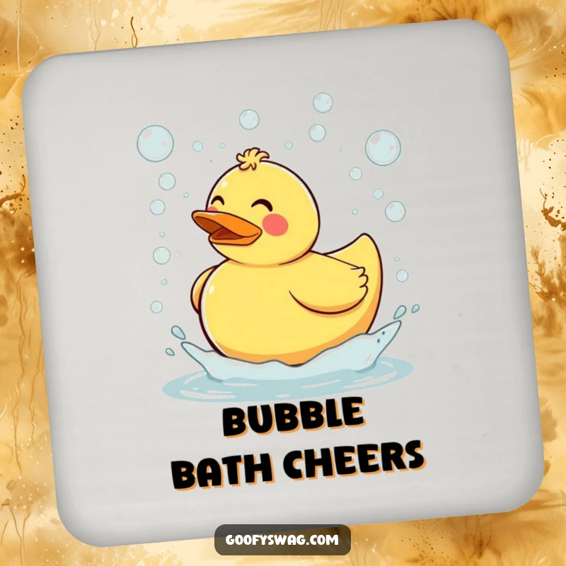 Funny clumsy rubber duck tripping and sending bubbles flying everywhere, a decorative coaster adding bubbly humor and protecting your furniture from rings.