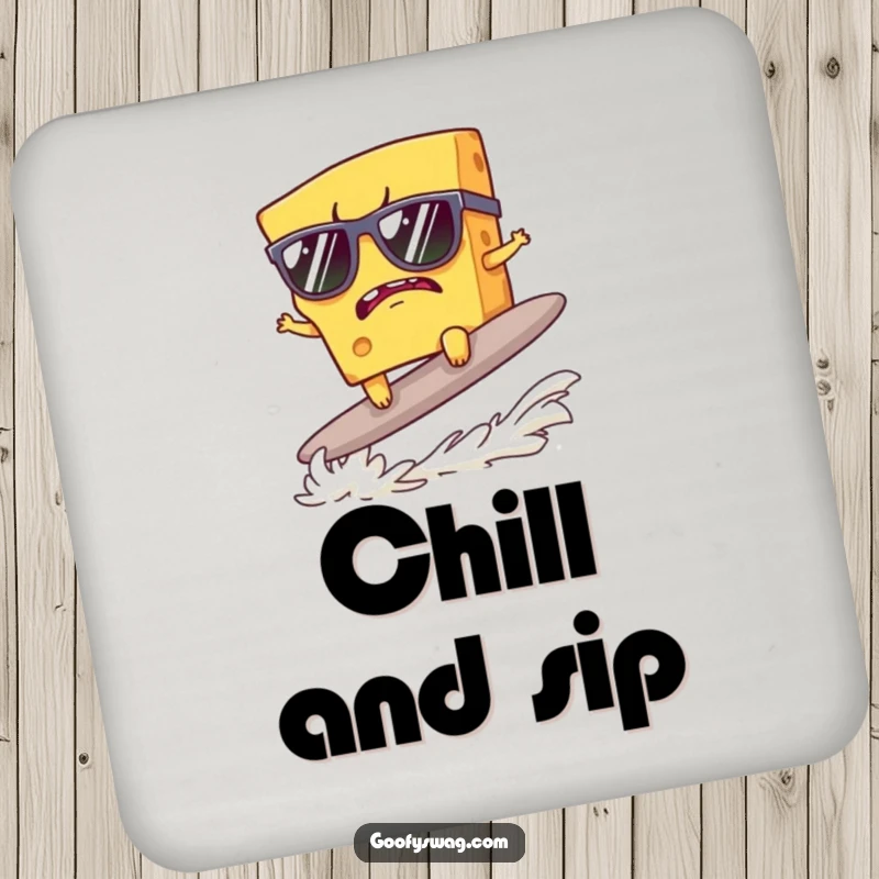Funny drink coasters featuring a grumpy cheese slice with sunglasses surfing a cracker, protecting surfaces with humor.