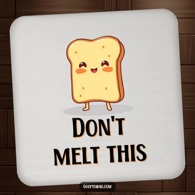 Funny drink coaster featuring a proud grilled cheese sandwich posing dramatically under a spotlight, adding cheesy flair.